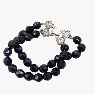 Faceted Black Beads Double Strand Bracelet Silver Tone